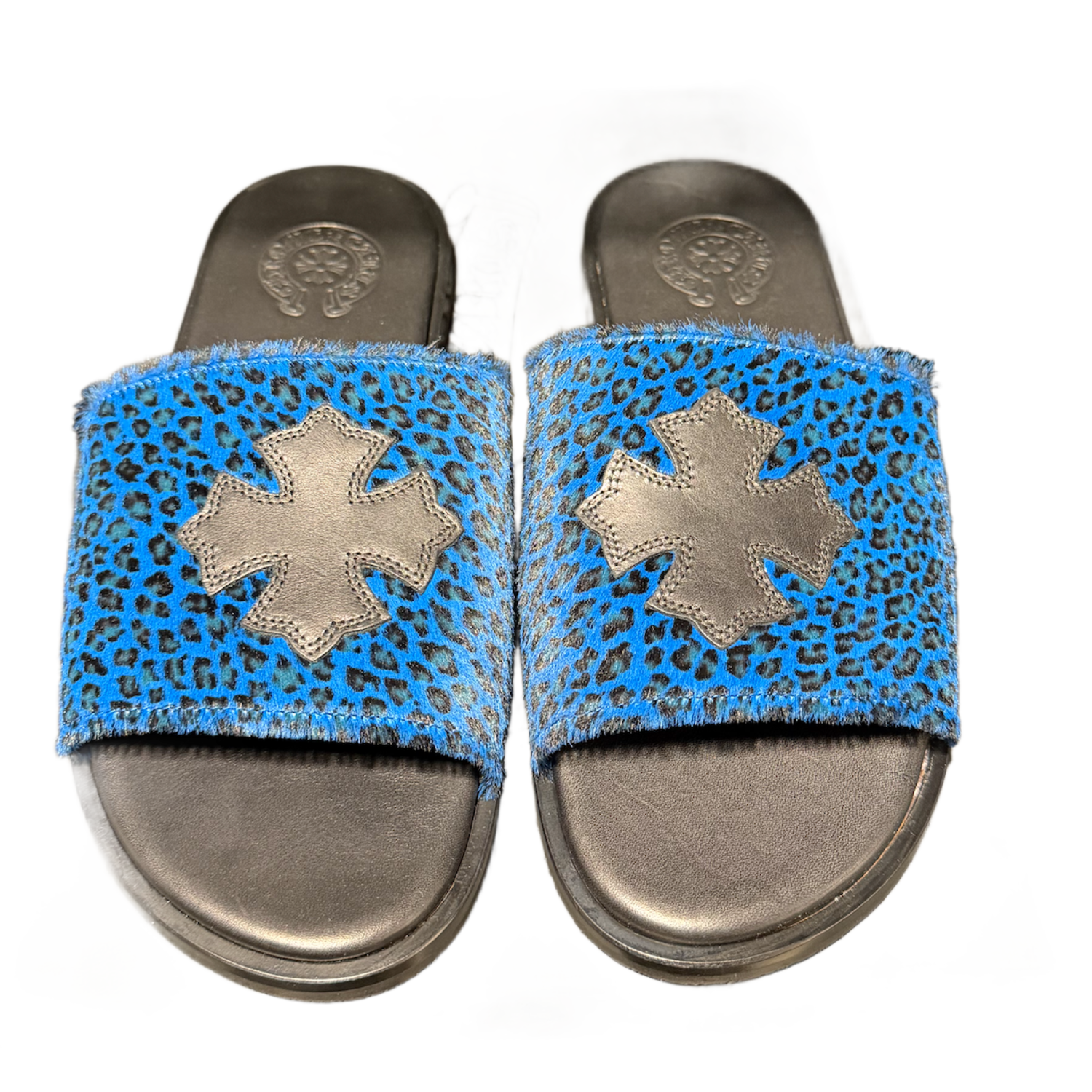Chrome Hearts Black and Blue Cheetah Leather Cross Slides