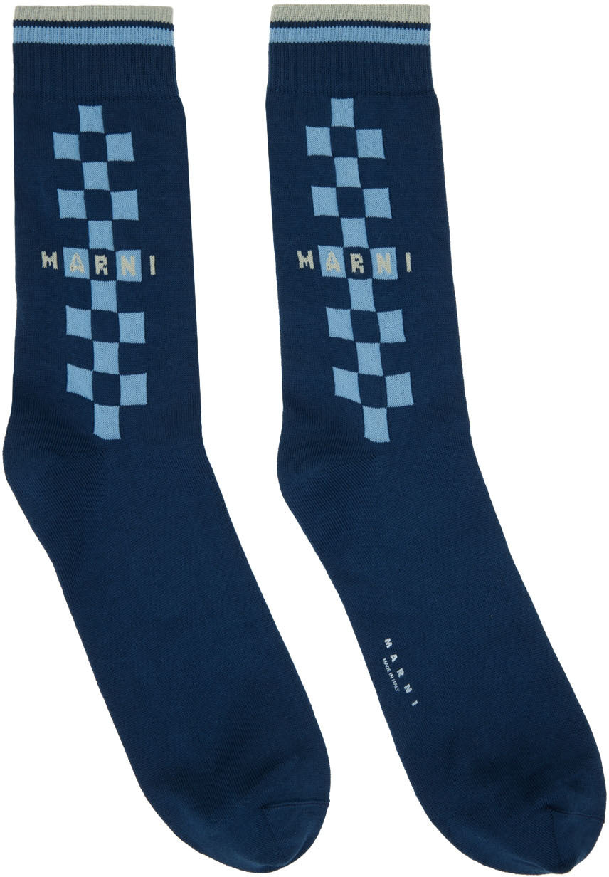 Marni 'Blue Checkered Logo' Socks
