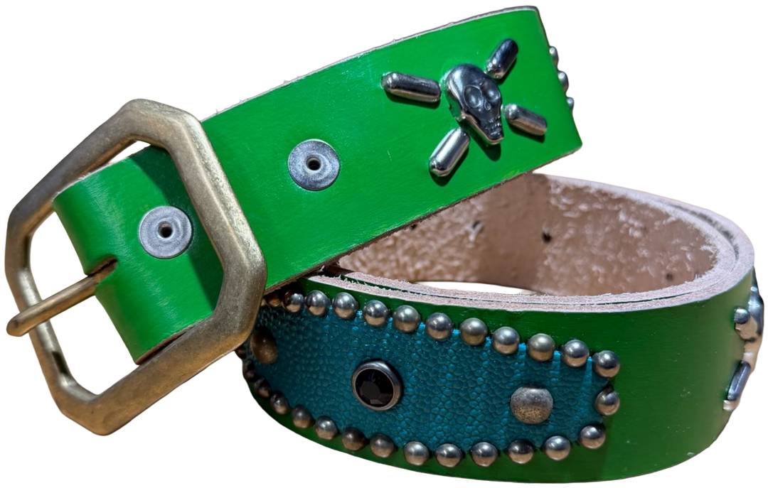 Studded 'Green Skull' Leather Belt