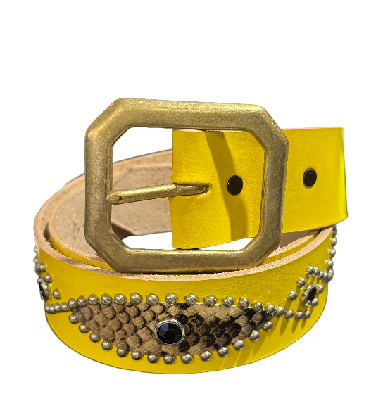 Studded 'Brown Snakeskin Pyramid Gem' Yellow Belt