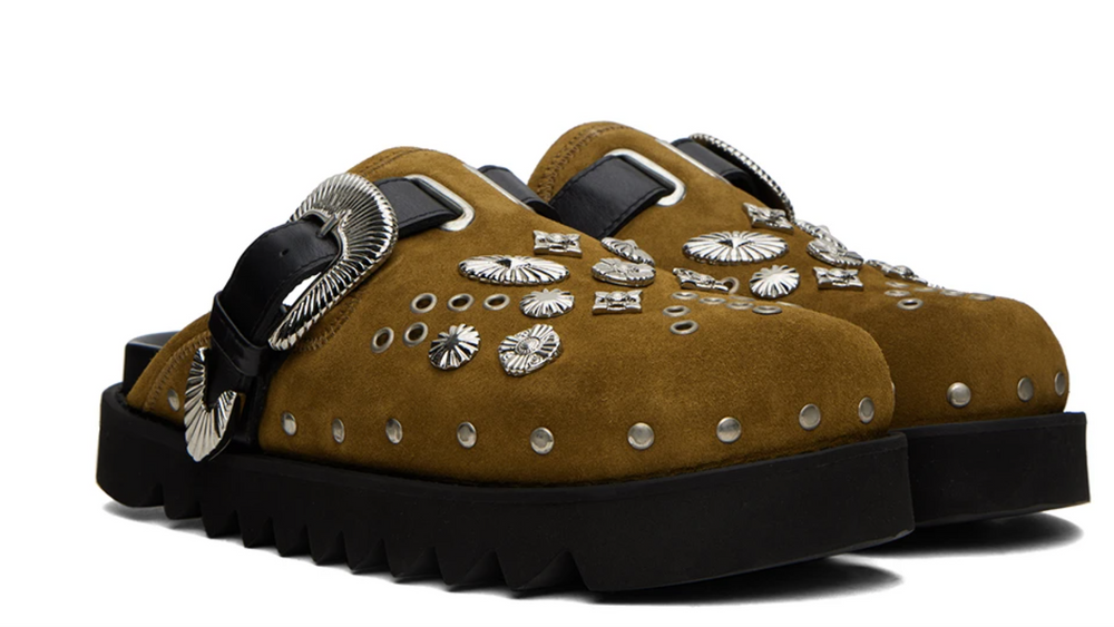 Toga Virilis 'Khaki Suede' Studded Slippers