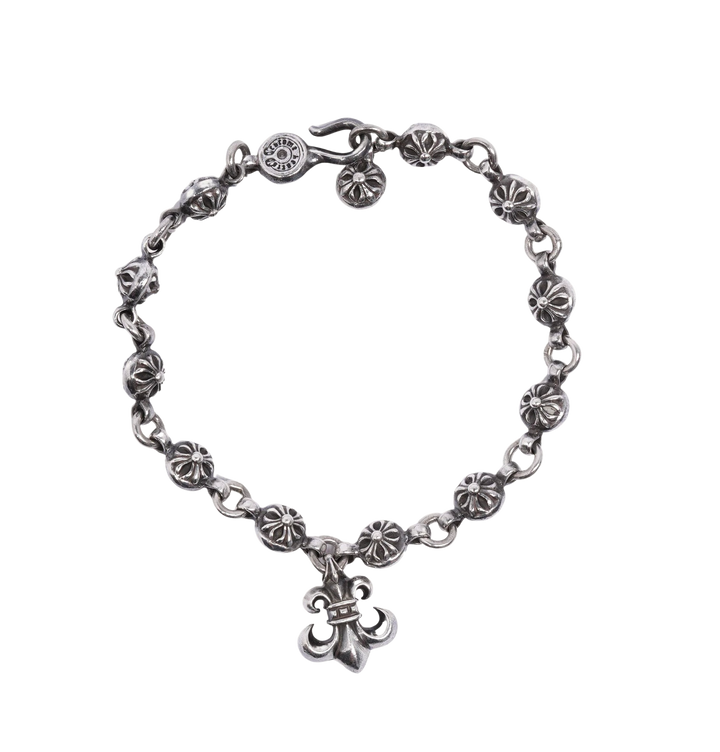 Chrome Hearts 'Fluer De Lis' 10in Silver Crossball Charm Bracelet