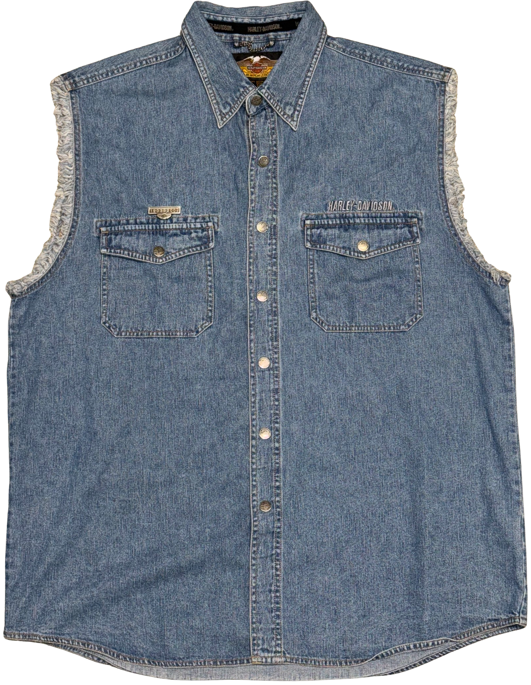 Harley Davidson '100 Years' Vintage Cutoff Button Jean Shirt