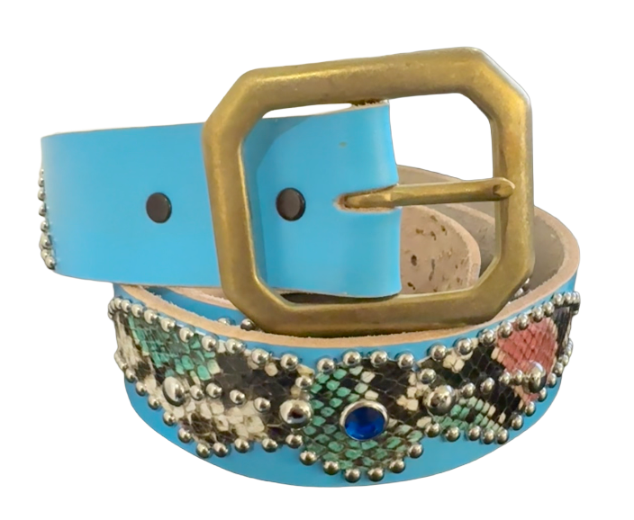 Studded 'Multi Color Snakeskin Spider Gem' Baby Blue Belt