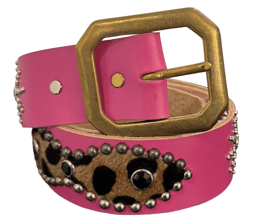 Studded 'Cheetah Fur' Sun Gem Pink Leather Belt