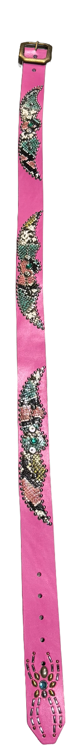 Studded 'Mulitcolor Snakeskin' Spider Gem Pink Leather Belt