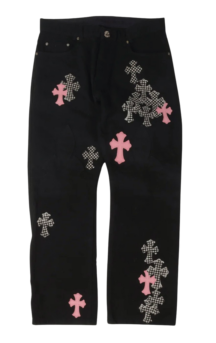 Chrome Hearts 'Black/Pink Cross Patch Fleur Knee' Jeans