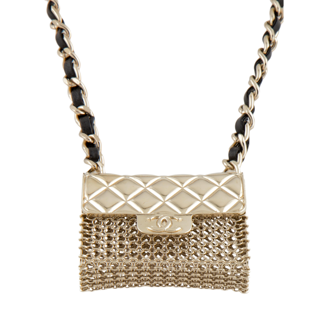 Chanel 'Leather Quilted Bag Pendant' Gold Plated Leather Necklace