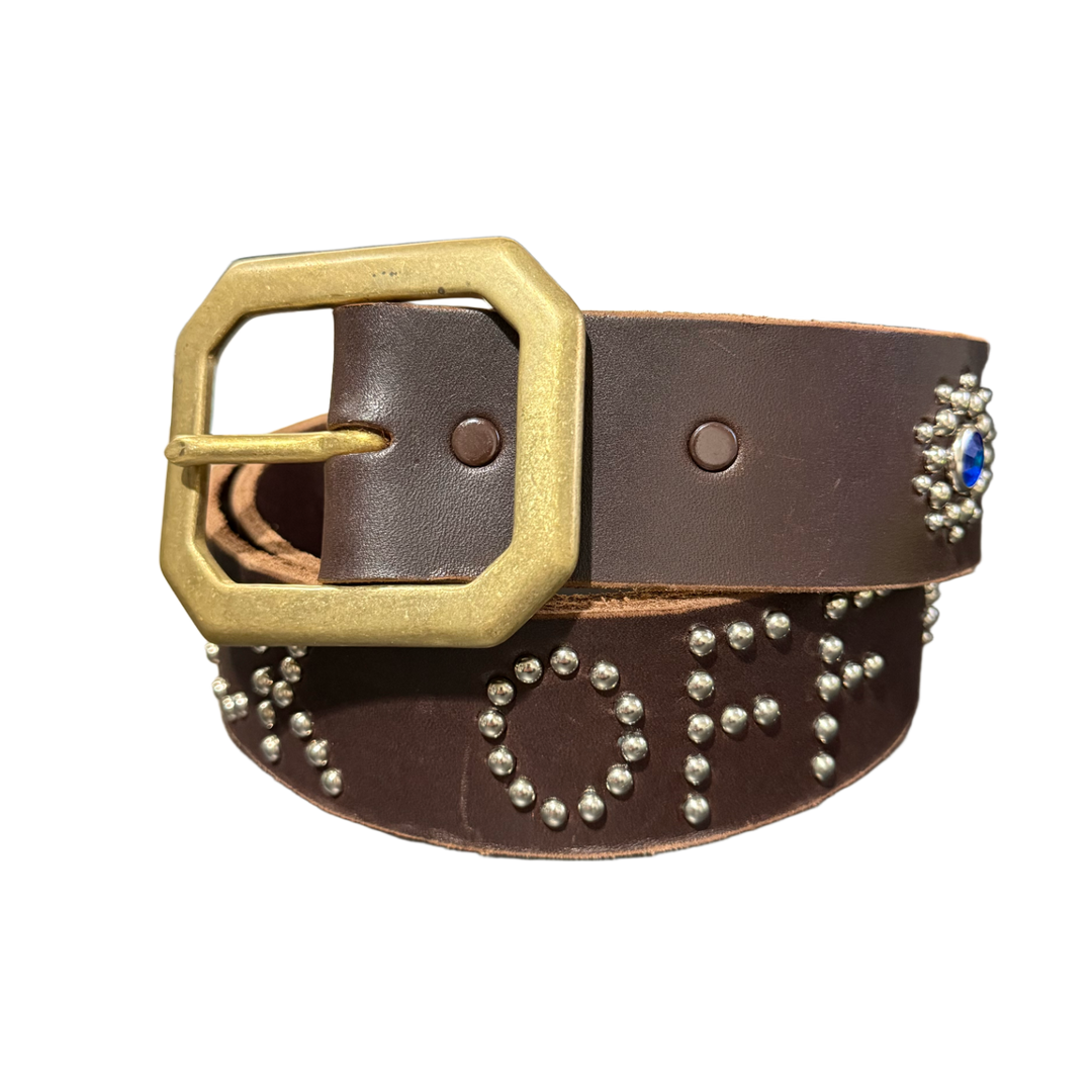 Studded 'Black Gem/Spotted Print' Fuck Off Brown Leather Belt