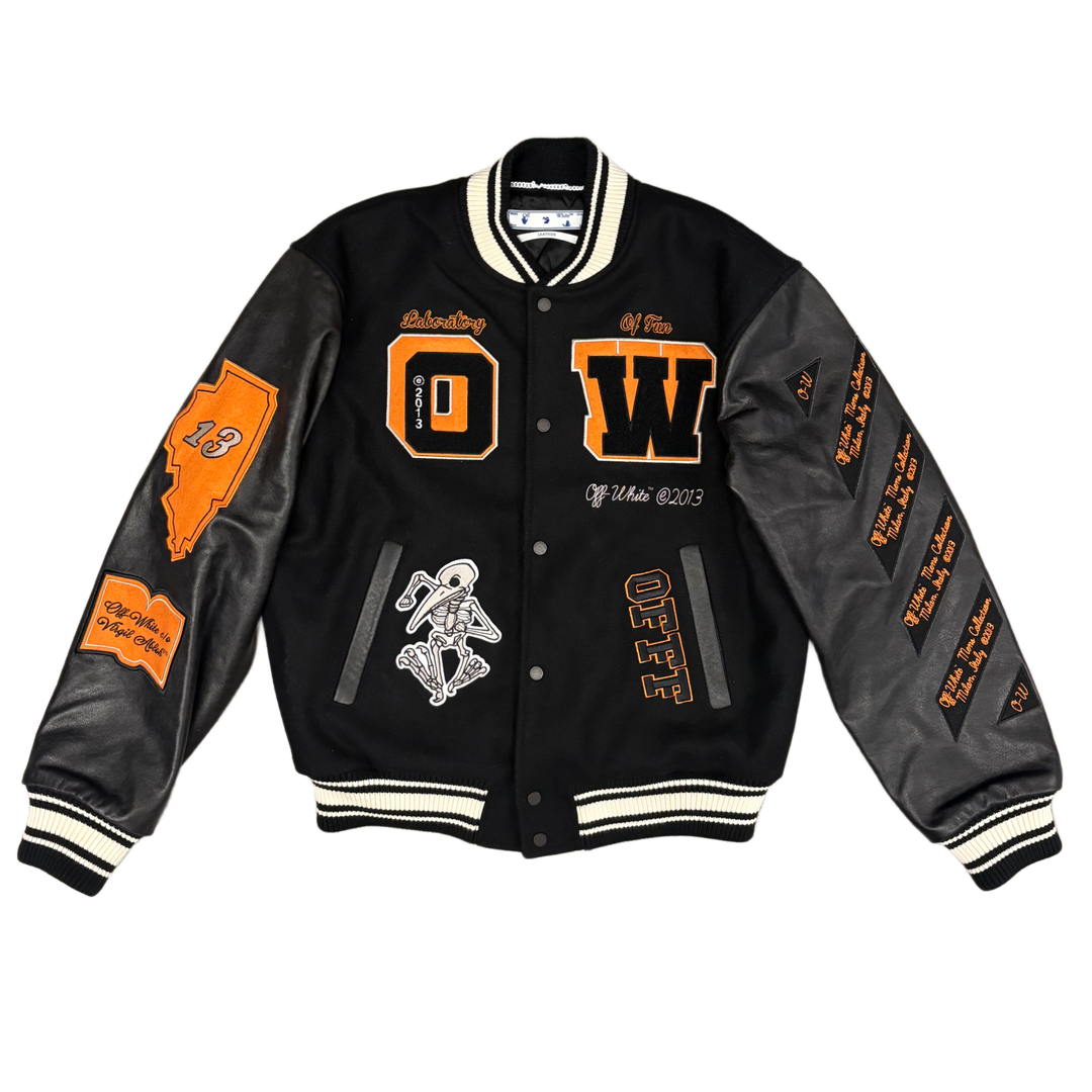 Off-White "Laboratory of Fun Black/Orange Patch" Wool Varsity Leather Jacket