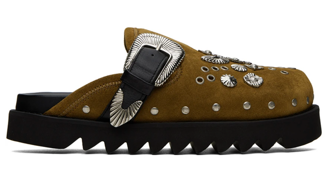 Toga Virilis 'Khaki Suede' Studded Slippers