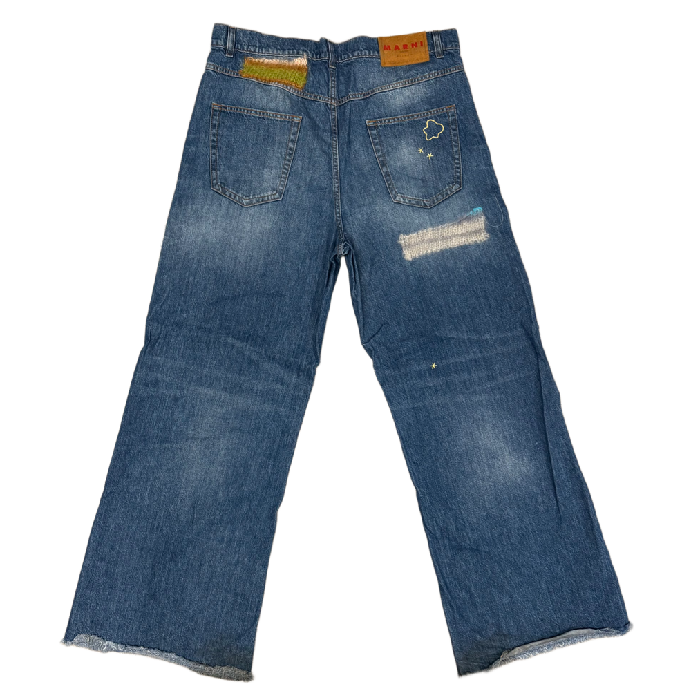 Marni 'Multi-Color Patchwork & Embroidered' Straight-Leg Irish Blue Jeans