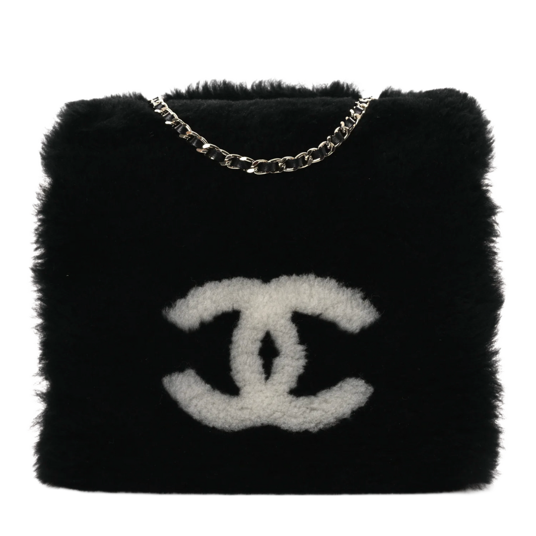 Chanel 'Shearling Lambskin' CC Black Muff Ecru Black Bag