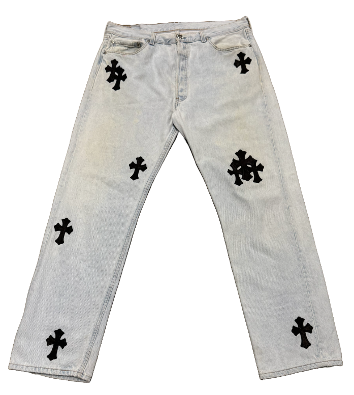 Chrome Hearts 'Black Cross Patch' Light Wash Levi's 501 Jeans