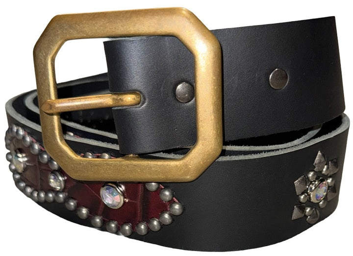 Studded 'Burgundy Snake Skin' Sun Gem Black Belt