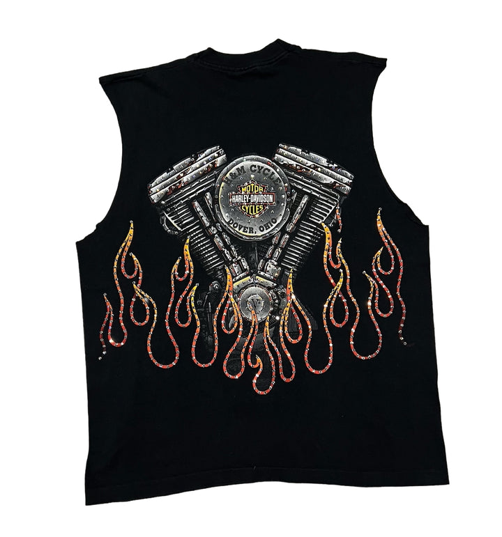 Harley Davidson 'V2 Flames' Rhinestone Vintage Cutoff