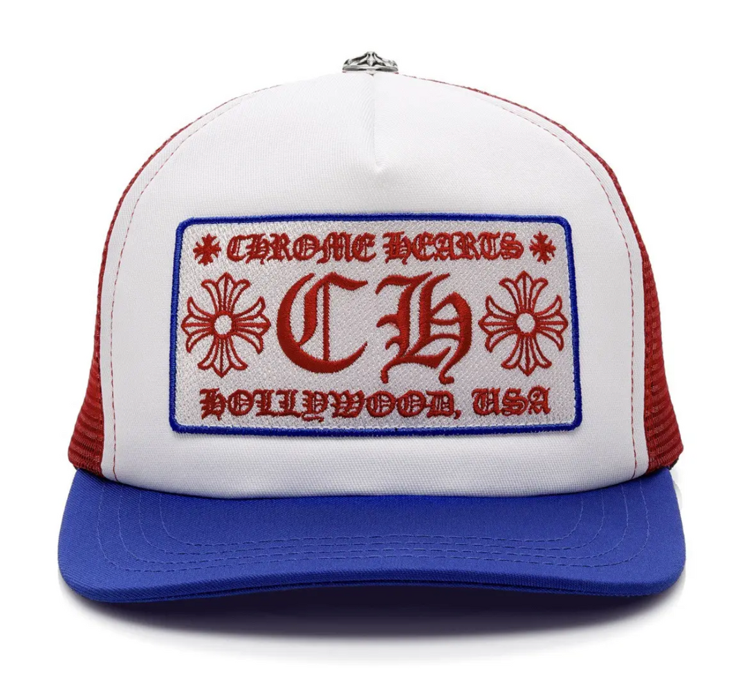 Chrome Hearts CH Hollywood Red/White/Blue Trucker Hat