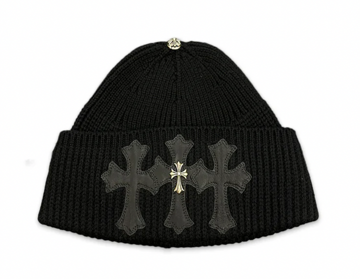 Chrome Hearts 'Leather Triple Cross Patch' with Silver Cross Cashmere Beanie