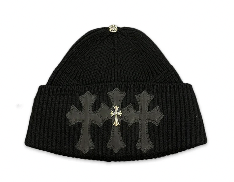 Chrome Hearts 'Leather Triple Cross Patch' with Silver Cross Cashmere Beanie