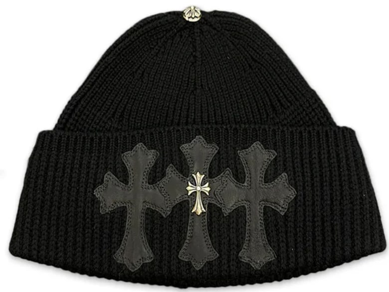 Chrome Hearts 'Leather Triple Cross Patch' with Silver Cross Cashmere Beanie