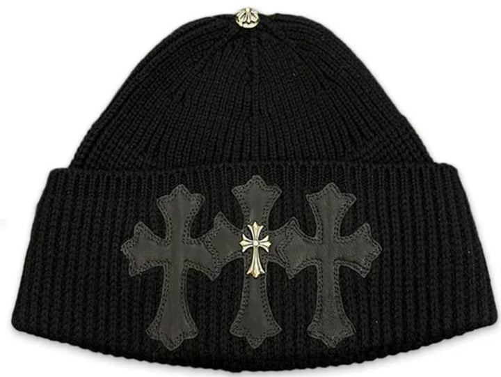 Chrome Hearts 'Leather Triple Cross Patch' with Silver Cross Cashmere Beanie