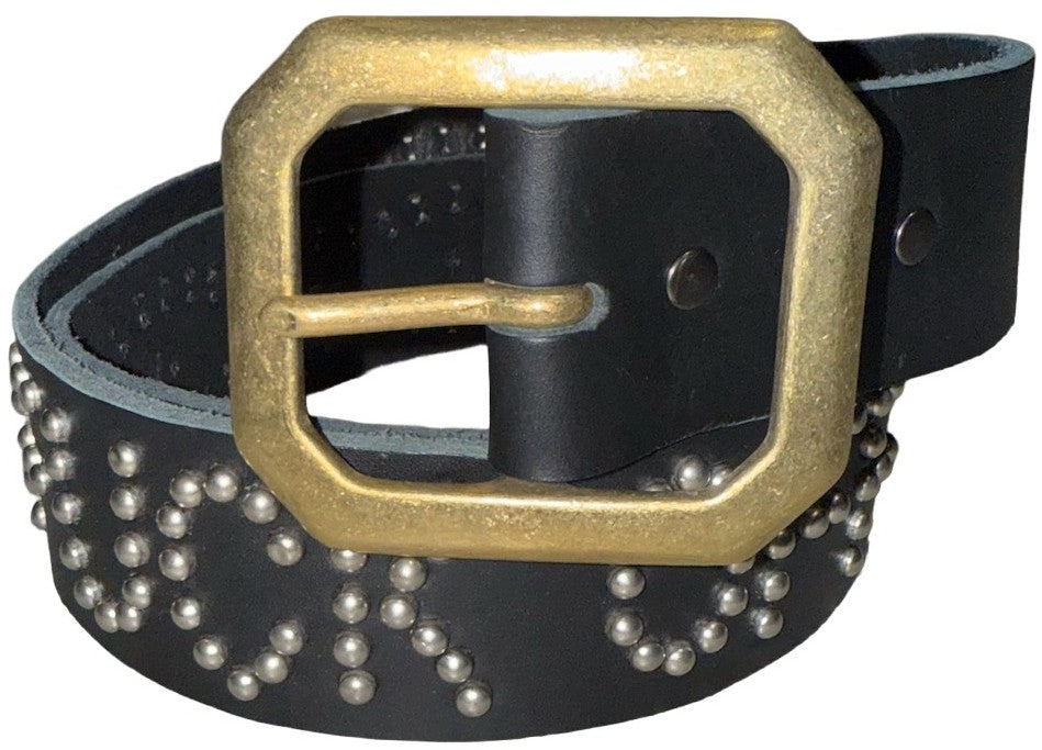 Studded 'White Brown Pony Hair/Fuck Off' Black Belt