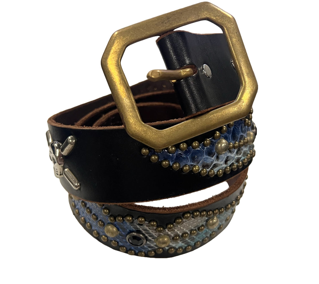 Studded 'Blue Snake and Skulls' Black Belt