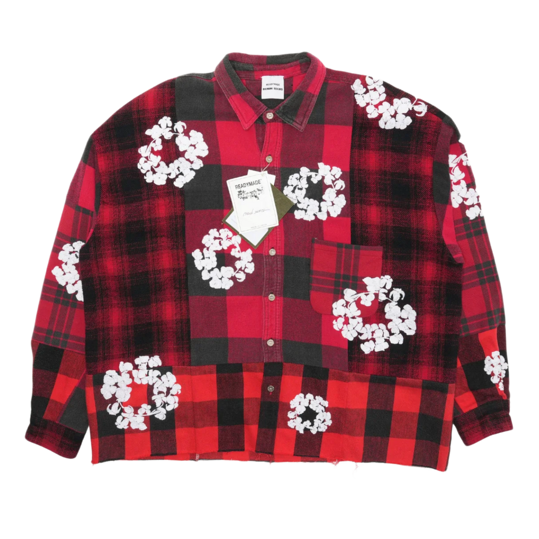 Readymade x Denim Tears 'Red Embroidered Cotton Design & Check' Long Sleeve Flannel Shirt