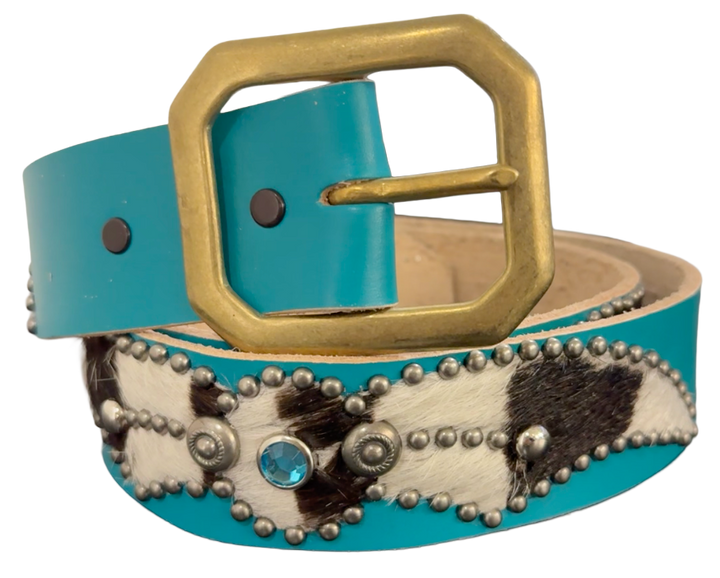 Studded 'Zebra Hair' Spider Gem Teal Leather Belt