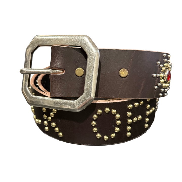 Studded 'Red/Orange Sun Gem' Fuck Off Brown Leather Belt