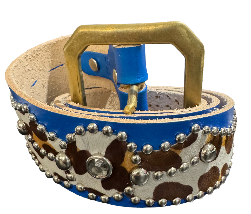 Studded 'Cow Print Spider Gem' Blue Belt