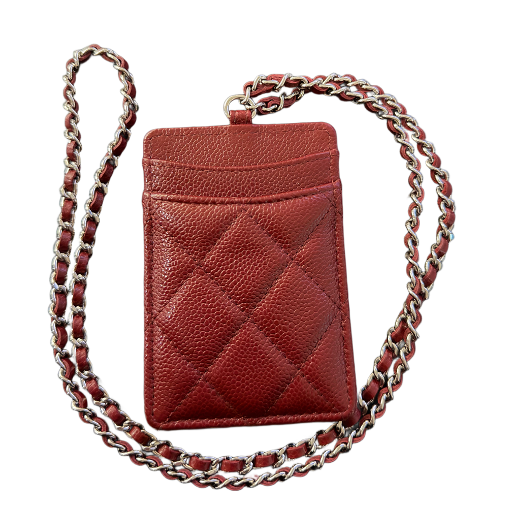 Chanel CC Logo 'Burgundy' Quilted Lambskin Card Holder with Silver Hardware Chain