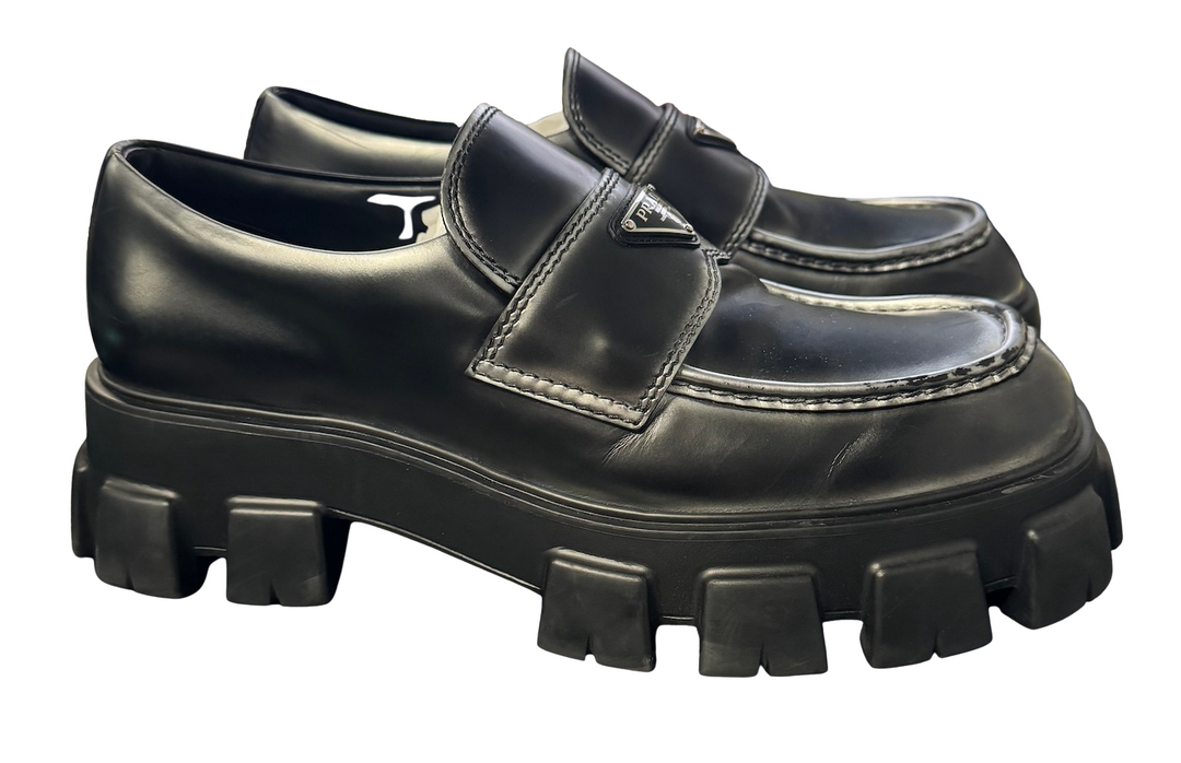 Prada 'Black' Monolith Brushed Leather Lug-Sole Loafers