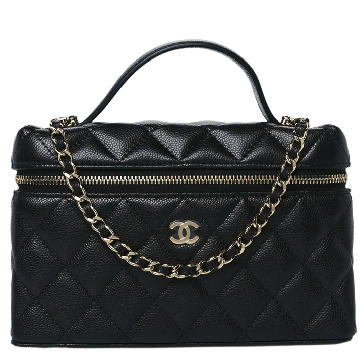 Chanel 'Black' Caviar Quilted Top Handle Slim Vanity With Chain