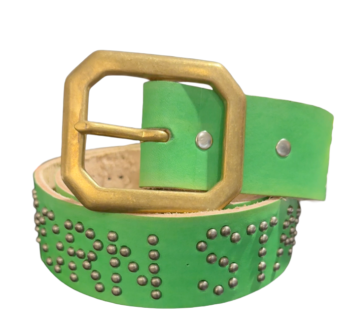 Studded 'Checkered Leather Porn Star Sun Gem' Green Belt