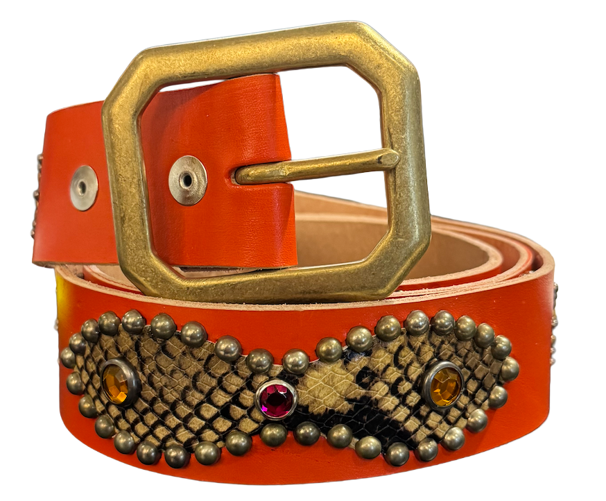 Studded 'Light Brown Snakeskin/ Sun Gem' Orange Belt