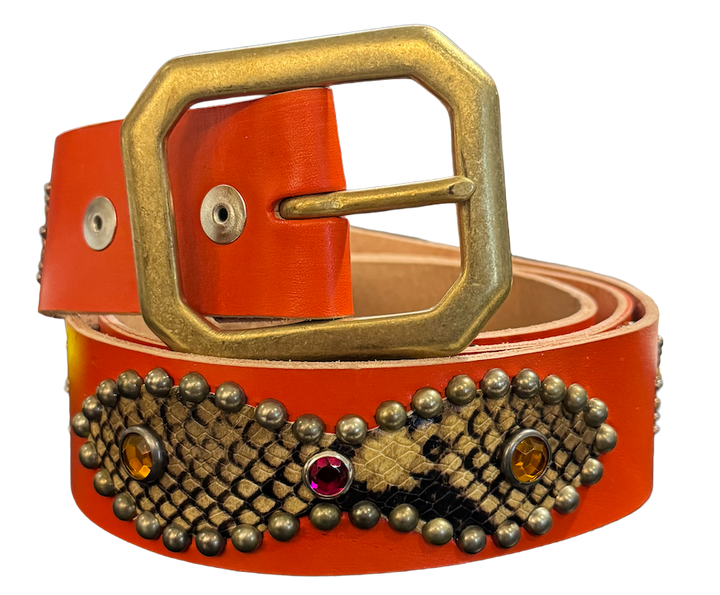 Studded 'Light Brown Snakeskin/ Sun Gem' Orange Belt