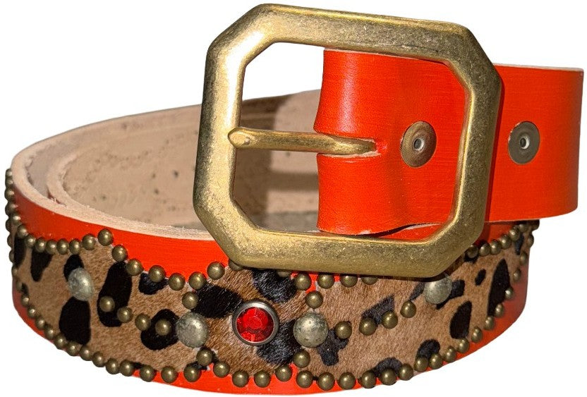 Studded 'Red Gem/Leopard Print' Orange Belt