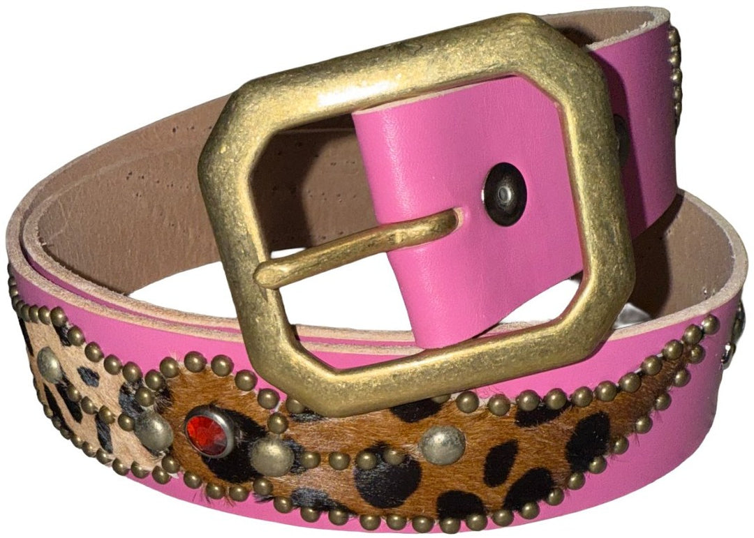 Studded 'Two Tone Leopard Print' Pink Belt