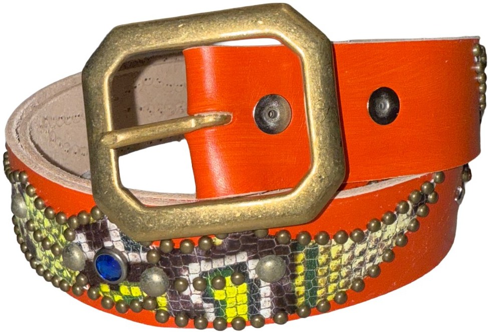 Studded 'Blue Gem Yellow/Green Snakeskin' Orange Belt