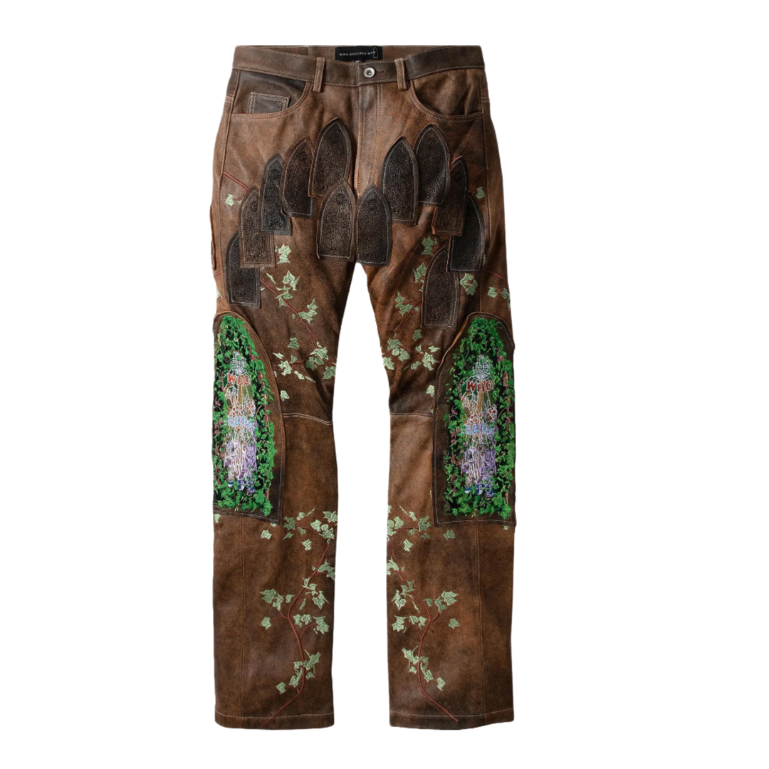 Who Decides War 'Brown Garden & Glass Patched' Leather Pants