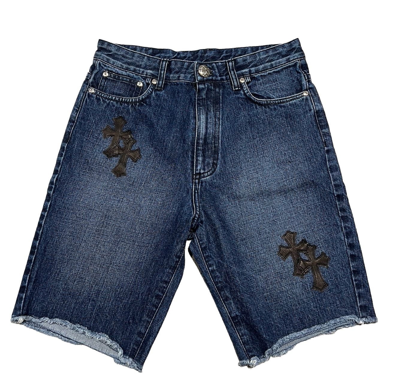 Chrome Hearts デニムショートパンツ USED美品サイズ: 27 Chrome Hearts '7 Patch' Denim Blue Shorts – Showroom LA