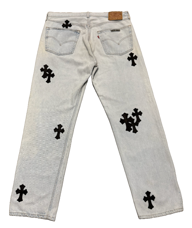 Chrome Hearts 'Black Cross Patch' Light Wash Levi's 501 Jeans