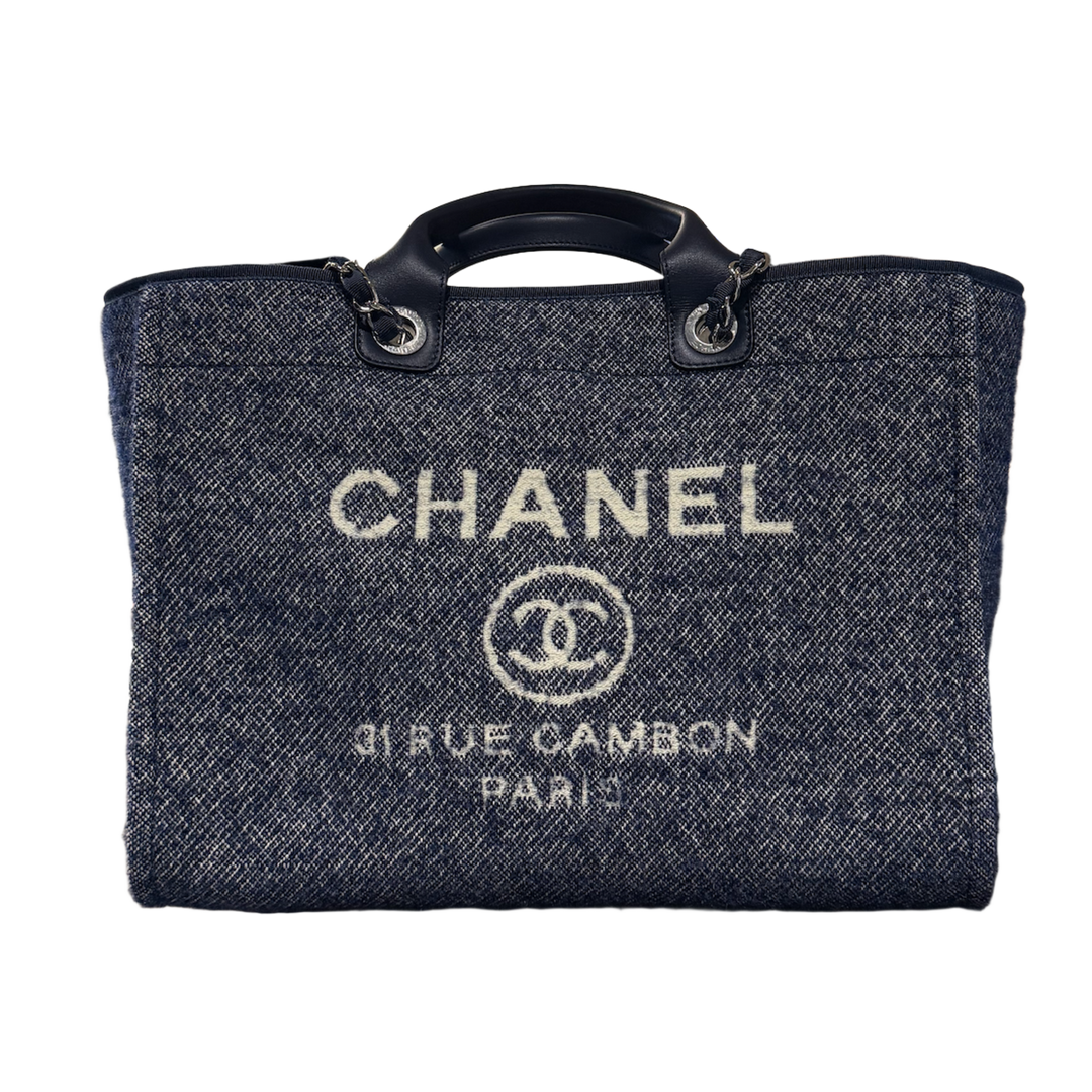 Chanel 21B 'Large Blue Tweed' Deauville Shopping Tote Silver Hardware