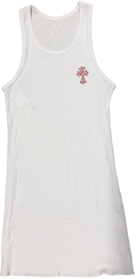 Chrome Hearts 'Art Basel Exclusive Pink Beaded Cross' White Tank Top
