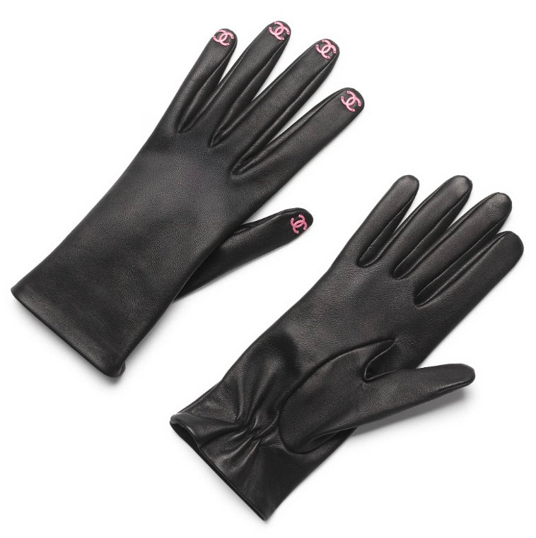 Chanel Black Lambskin Pink CC Embellished Fingertip Gloves
