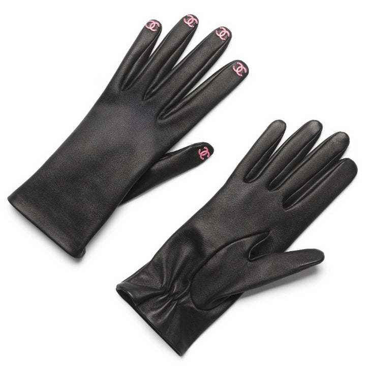 Chanel Black Lambskin Pink CC Embellished Fingertip Gloves
