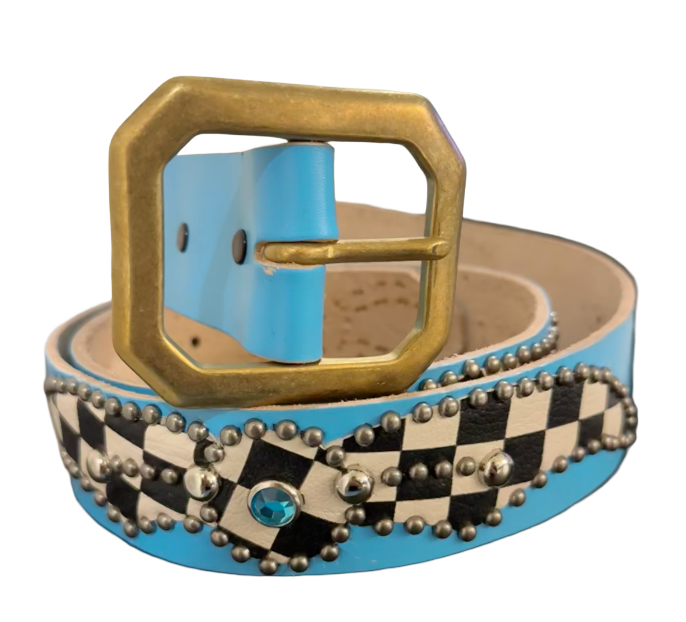 Studded 'Checkered Leather Spider Gem' Baby Blue Belt