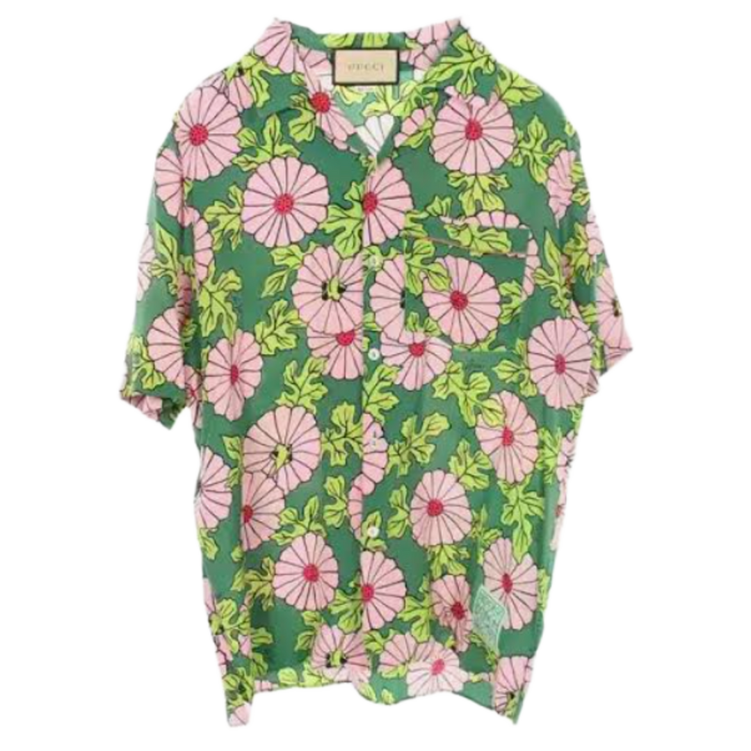 Gucci 'Green/Pink' Floral Silk Camp Collar Shirt