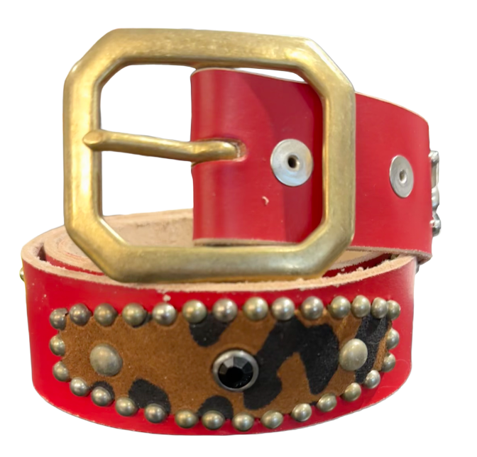 Studded 'Cheetah Fur/ Skull' Red Belt